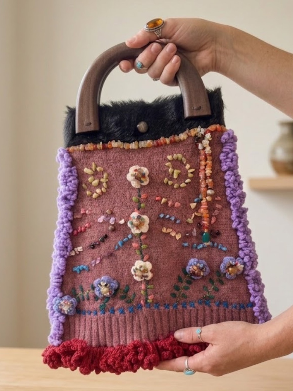 NEW Handmade Artisan Knit Tote Bag Natural Stone Beaded Floral Purse Wood Handle - Picture 1 of 11